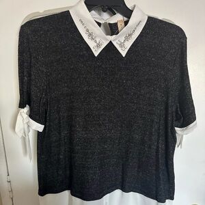 Elegant Black and White Women's Blouse with Embellished Collar